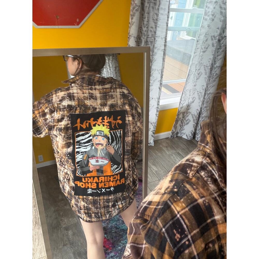 Naruto anime upcycled custom flannel shirt black graphic tee on back bespoke